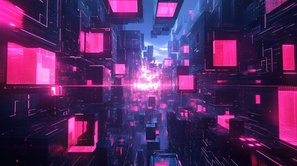 Wall Mural - a futuristic digital landscape with glowing pink cubes and a vibrant blue background.