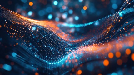 Wall Mural - abstract digital waves with glowing particles in blue and orange hues.