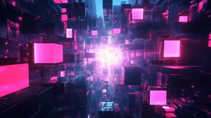 Wall Mural - abstract digital landscape with glowing pink and blue cubes converging towards a bright center.