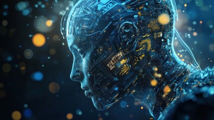 Poster - a futuristic, robotic head composed of intricate circuitry and glowing elements.