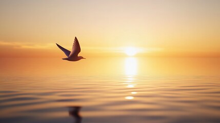 Poster - Minimalist sunset with a single bird flying across a clear sky, warm golden hues reflecting off calm water, capturing the beauty of simplicity in nature, 4K hyperrealistic photo.