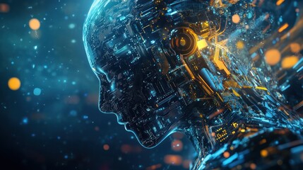 Wall Mural - a futuristic robotic head composed of intricate circuitry and glowing elements.