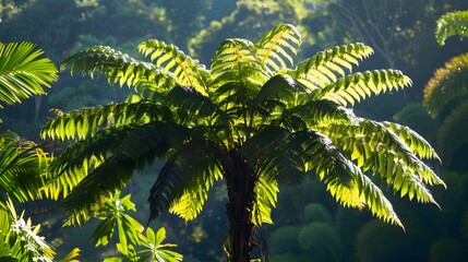 Wall Mural - Lush Green Fern in Sunlight Tropical Forest Photography