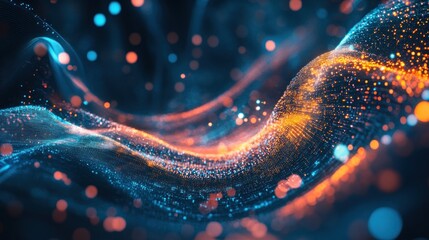 Wall Mural - abstract digital wave with glowing particles in blue and orange tones.