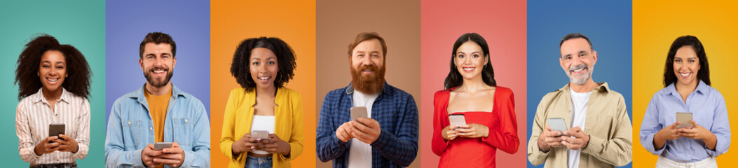 Wall Mural - A lively group of individuals with varying hairstyles and outfits holds smartphones while smiling, set against vibrant, colorful backdrops. They represent different backgrounds and emotions.