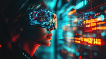 Poster - a woman wearing futuristic glasses interacts with vibrant digital data visuals.