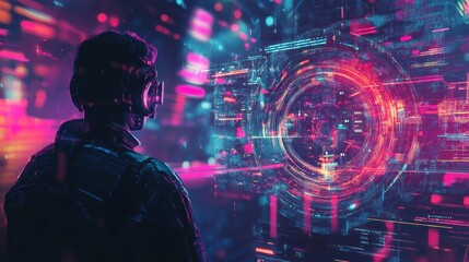 Wall Mural - a person with headphones gazes at a vibrant digital interface filled with data streams.