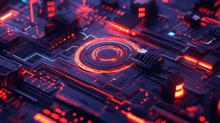 Wall Mural - a futuristic circuit board design with glowing red elements and intricate patterns.