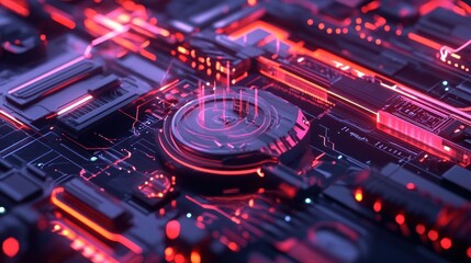 Wall Mural - a close-up view of a futuristic circuit board with glowing elements and intricate details.
