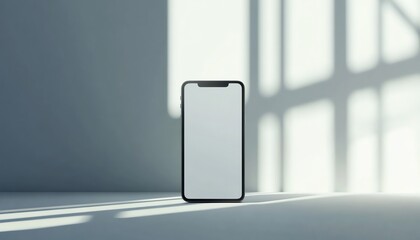 Wall Mural - Black Smartphone with Blank Screen on a White Surface