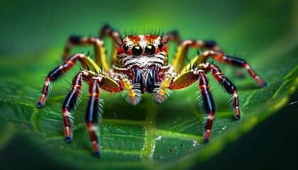 Wall Mural - Vibrant Jumping Spider on Lush Green Leaf Captured in Stunning Macro Detail