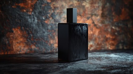 Wall Mural - a sleek black perfume bottle against a textured background, emphasizing elegance and luxury.