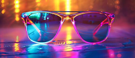 Frame of neon tube light frame with sun glasses on color background summer mood.