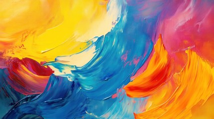 Wall Mural - Vibrant abstract painting with swirling colors of yellow, blue, and pink.