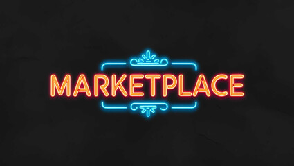 Marketplace colorful neon lettering on plain black dark background