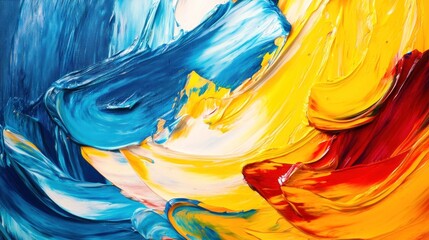 Wall Mural - abstract painting with vibrant swirls of blue, yellow, red, and white.