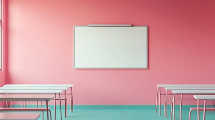 Wall Mural - Empty Classroom with Pink Walls, Whiteboard, and Pastel-Colored Desks