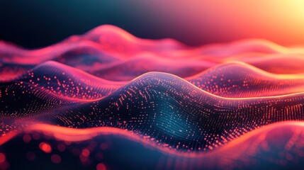 Wall Mural - abstract digital landscape with waves and glowing particles.