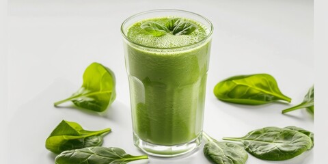 A close-up of a healthy green smoothie shake made with fresh organic fruits and vegetables, set against a bright white background.