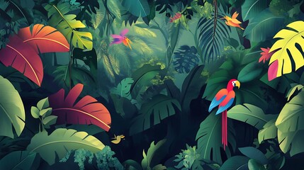 Poster - Tropical Jungle with Parrot and Birds   Lush Foliage and Wildlife