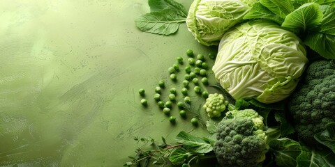 Green Background with Cabbage and Peas | Fresh Vegetables, Healthy Eating Concept