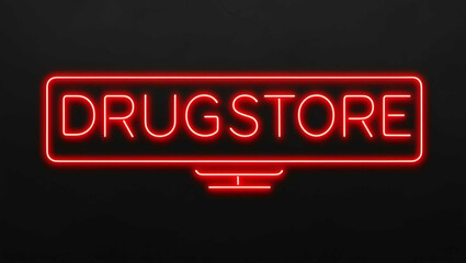 Drugstore red neon lettering on plain black dark background