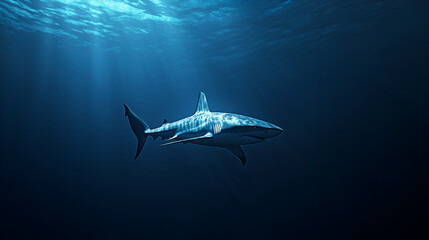 A sleek shark patrolling the deep blue ocean depth