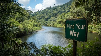 Find Your Way Sign by Tropical River in Lush Rainforest