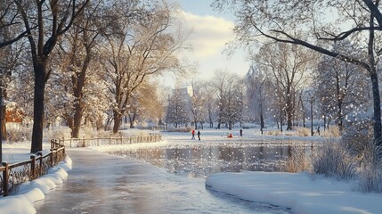 Canvas Print - Winter walk through a small town park, with a frozen pond and children sledding in the distance. 4K hyperrealistic photo.