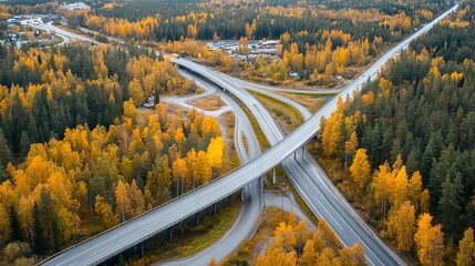 Canvas Print - Aerial view of highway and overpass with autumn color woods on a fall day in Finland.