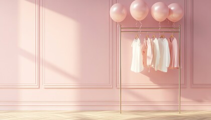 Wall Mural - Pink Wall with Clothes Rack, Balloons, and Wooden Floor