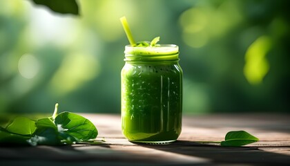 Wall Mural - Vibrant green smoothie in a jar surrounded by lush nature, reflecting health and vitality