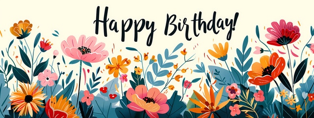 A vibrant floral birthday greeting featuring colorful flowers and greenery, spreading joy and celebration.