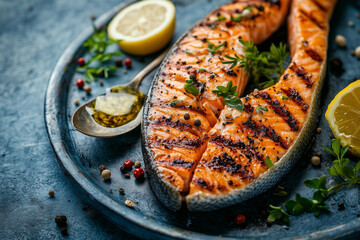 Wall Mural - Delicious grilled salmon fillet, seasonings. Salmon steak with pepper, herbs, lemon, garlic, olive oil. Fish for a healthy dinner, close-up