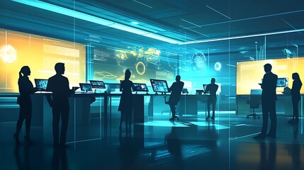 Canvas Print - Futuristic Office Interior with Silhouettes of Businesspeople