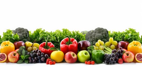 Wide Collage of Fresh Fruits and Vegetables on a White Background - Colorful Grocery and Healthy Eating Inspiration