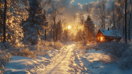 Canvas Print - Snowy forest path leading to a distant, glowing cabin, with the trees casting long shadows under the bright moonlight. 4K hyperrealistic photo.