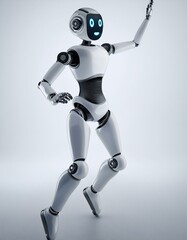 chatbot dancing cinematic animation from closeup to wide screen and white background. A.i. Robot in movement