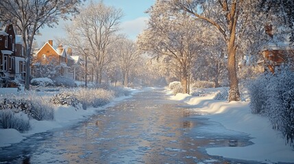 Wall Mural - Walking along a frozen stream in a quiet neighborhood, with snow-covered banks and frosty branches. 4K hyperrealistic photo.