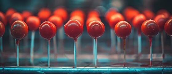 Poster - A close-up of red candy balls on sticks. AI.