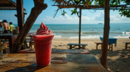 A refreshing drink on a beachside table. AI.