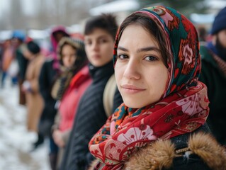 Sticker - A young woman in a colorful headscarf looks directly at the camera. AI.