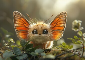 Canvas Print - A furry creature with butterfly wings looks curiously at the camera. AI.