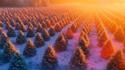 Canvas Print - Heatmap of a Christmas tree farm, with warm colors highlighting the most chosen trees and cooler tones in the less popular sections. 4K hyperrealistic photo.