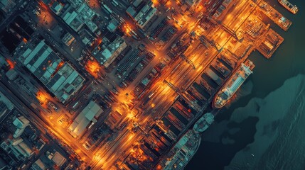 Wall Mural - Heatmap of a bustling harbor, with warm colors marking the busiest docks and cooler tones in the less active parts of the port. 4K hyperrealistic photo.