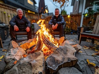 Canvas Print - A cozy fire pit surrounded by rocks in a backyard. AI.