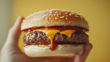 Wall Mural - Hand holding a thick burger dripping with delicious chili sauce, Generative AI