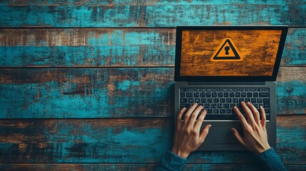 Person using laptop with warning signs displayed, on blue wooden background, concept of cybersecurity