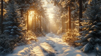 Canvas Print - Strolling down a forest path lined with tall, snow-covered pines, with sunlight filtering through the branches. 4K hyperrealistic photo.