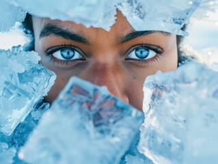 Poster - A close-up of a person's eyes peering through ice. AI.